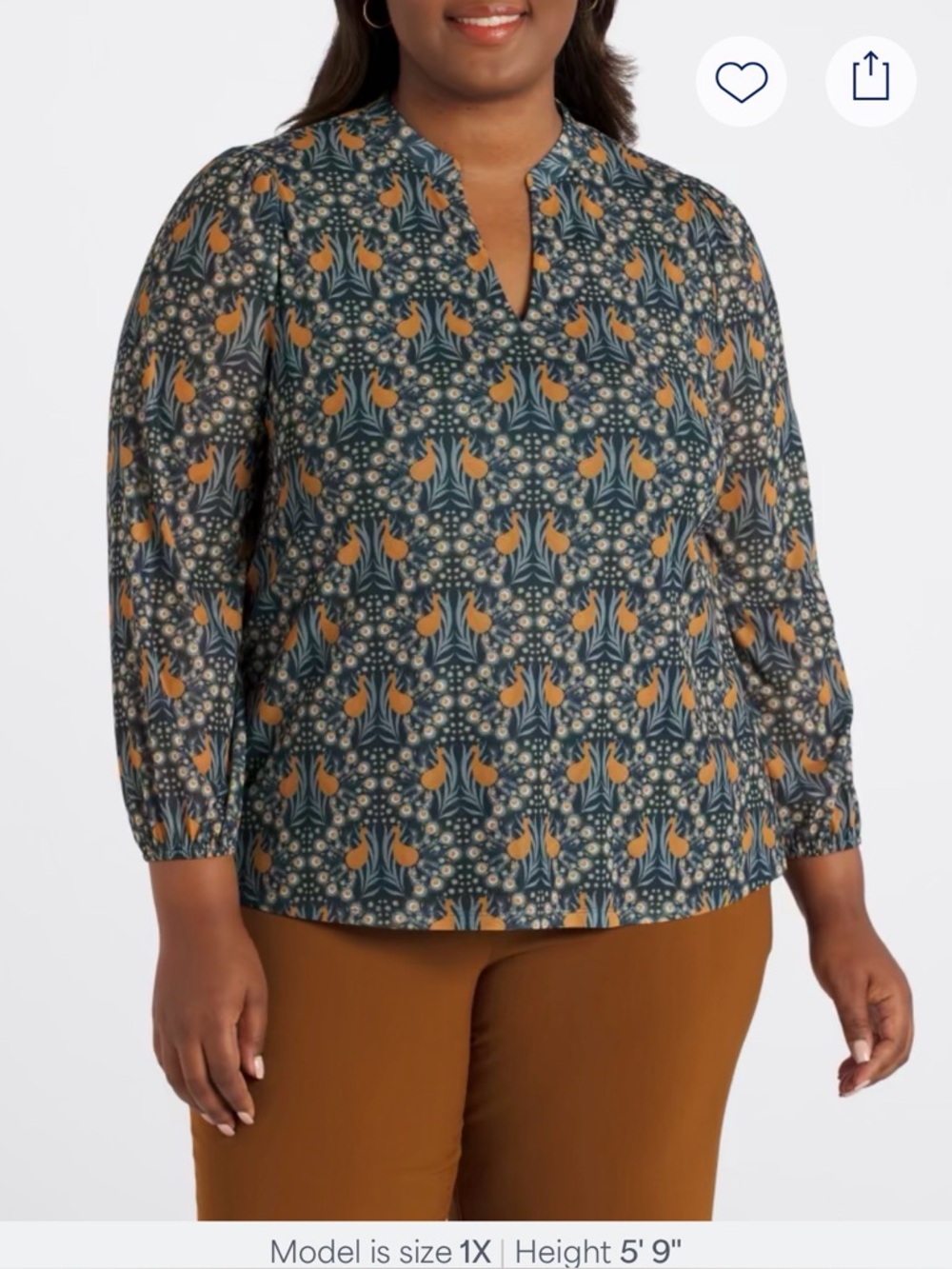 Plus-Size Floral Print Split-Neck Top - Teal & Mustard